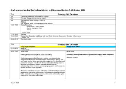 Draft program Medical Technology Mission to Chicago and Boston, 5-10 October 2014 Time Sunday 5th October  Tbd