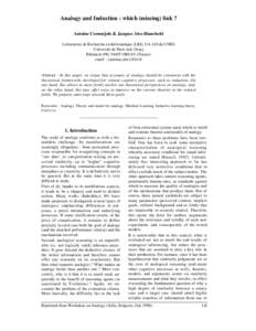 Analogy and Induction : which (missing) link ? Antoine Cornuéjols & Jacques Ales-Bianchetti Laboratoire de Recherche en Informatique (LRI), UA 410 du CNRS Université de Paris-sud, Orsay Bâtiment 490, 91405 ORSAY (Fran