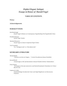 Orphei Organi Antiqui: Essays in Honor of Harald Vogel TABLE OF CONTENTS Preface Acknowledgements