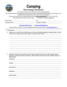 Camping Merit Badge Workbook This workbook can help you but you still need to read the merit badge pamphlet. The work space provided for each requirement should be used by the Scout to make notes for discussing the item 