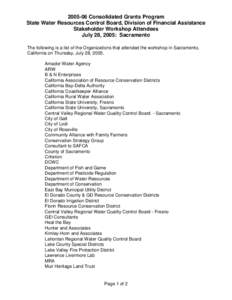 [removed]Consolidated Grants Program State Water Resources Control Board, Division of Financial Assistance Stakeholder Workshop Attendees July 28, 2005: Sacramento The following is a list of the Organizations that attende