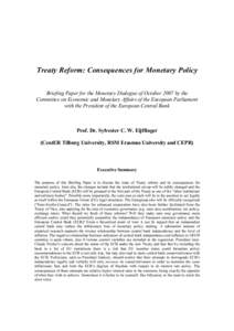 Treaty Reform: Consequences for Monetary Policy Briefing Paper for the Monetary Dialogue of October 2007 by the Committee on Economic and Monetary Affairs of the European Parliament with the President of the European Cen