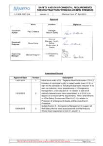 SAFETY AND ENVIRONMENTAL REQUIREMENTS FOR CONTRACTORS WORKING ON MTM PREMISES L0-SQE-PRO-014 Effective From: 9th April 2013