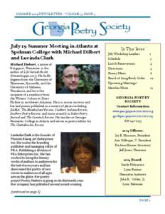 SUMMER 2014 NEWSLETTER - VOLUME 35 ISSUE 3  July 19 Summer Meeting in Atlanta at Spelman College with Michael Dilbert and Lucinda Clark Michael Diebert, a native of