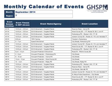 Monthly Calendar of Events Month: September[removed]Region: