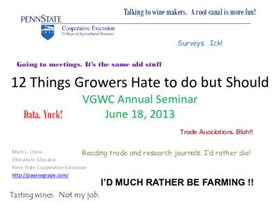 Talking to wine makers. A root canal is more fun! Surveys. Ick! Going to meetings. It’s the same old stuff 12 Things Growers Hate to do but Should Data. Yuck!