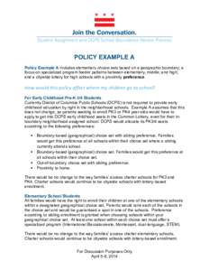    POLICY EXAMPLE A Policy Example A includes elementary choice sets based on a geographic boundary; a focus on specialized program feeder patterns between elementary, middle, and high; and a citywide lottery for high s