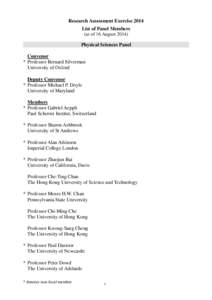 Research Assessment Exercise 2014 List of Panel Members (as of 16 August[removed]Physical Sciences Panel Convenor * Professor Bernard Silverman