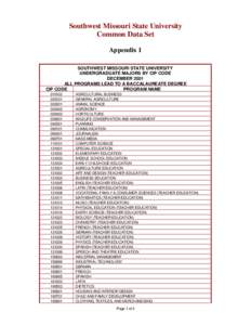 Southwest Missouri State University Common Data Set Appendix 1 SOUTHWEST MISSOURI STATE UNIVERSITY UNDERGRADUATE MAJORS BY CIP CODE DECEMBER 2001