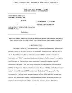 Case 1:12-cvBJR Document 40 FiledPage 1 of 22  UNITED STATES DISTRICT COURT FOR THE DISTRICT OF COLUMBIA ELECTRONIC PRIVACY INFORMATION CENTER,