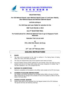 HONG KONG SAILING FEDERATION 香 港 帆 船 運 動 總 會 (Incorporated with Limited Liability) SELECTION TRIAL For 420 National Squad, Laser National Squad (Laser 4.7 and Laser Radial),