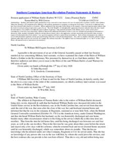 Southern Campaigns American Revolution Pension Statements & Rosters Pension application of William Barler (Barber) W17232 Transcribed by Will Graves Amey [Naoma] Barler f34NC