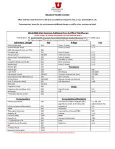 Student Health Center Office visit fees range from $35 to $80 plus any additional charges for labs, x-rays, immunizations, etc. Please see chart below for the most common additional charges or call for other services not