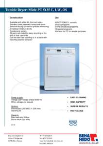 Tumble Dryer: Miele PT 5135 C, LW, OS Construction Use  Available with white lid, front and sides