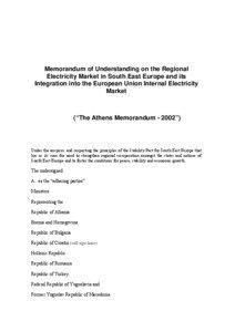 Memorandum of Understanding on the Regional Electricity Market in South East Europe and its Integration into the European Union Internal Electricity