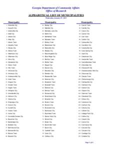 Georgia Department of Community Affairs Office of Research ALPHABETICAL LIST OF MUNICIPALITIES Wednesday, January 07, 2015  Municipality