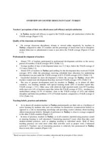 OVERVIEW OF COUNTRY RESULTS IN TALIS1: TURKEY  Teachers’ perceptions of their own effectiveness (self efficacy) and job satisfaction   In Turkey, teacher self-efficacy is equal to the TALIS average; job satisfaction