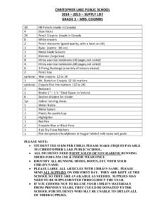 CHRITOPHER LAKE PUBLIC SCHOOL 2014 – 2015 – SUPPLY LIST GRADE 3 – MRS. COOMBS[removed]