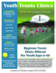 Youth Tennis Clinics Ft. Benjamin Park 100 McQueen Ave. Newport  Jeff McBane ,PTR Certified