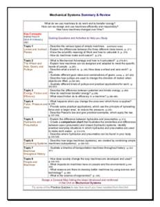 Mechanical Systems Summary & Review What do we use machines to do work and to transfer energy? How can we design and use machines efficiently and responsibly? How have machines changed over time? Key Concepts Science Foc