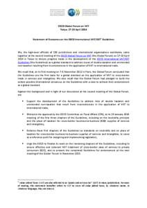 OECD Global Forum on VAT Tokyo, 17-18 April 2014 Statement of Outcomes on the OECD International VAT/GST1 Guidelines We, the high-level officials of 100 jurisdictions and international organisations worldwide, came toget