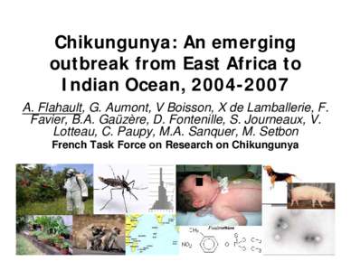 Chikungunya: An emerging outbreak from East Africa to Indian Ocean, [removed]A. Flahault, G. Aumont, V Boisson, X de Lamballerie, F. Favier, B.A. Gaüzère, D. Fontenille, S. Journeaux, V. Lotteau, C. Paupy, M.A. Sanque