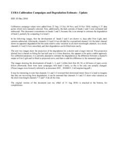 LYRA Calibration Campaigns and Degradation Estimate - Update IED 03 Dec 2010 Calibration campaign values were added from 22 Sep, 15 Oct, 04 Nov, and 24 Nov 2010, making it 27 data points which were manually selected. Now