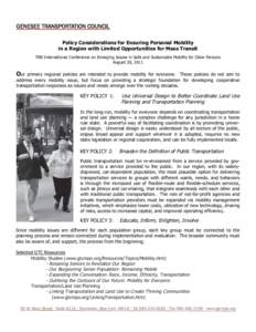 GENESEE TRANSPORTATION COUNCIL Policy Considerations for Ensuring Personal Mobility in a Region with Limited Opportunities for Mass Transit TRB International Conference on Emerging Issues in Safe and Sustainable Mobility