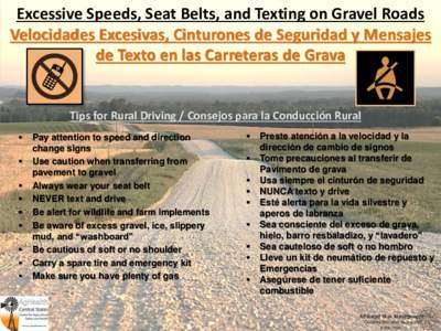 Excessive Speeds, Seat Belts, and Texting on Gravel Roads Velocidades Excesivas, Cinturones de Seguridad y Mensajes de Texto en las Carreteras de Grava Tips for Rural Driving / Consejos para la Conducción Rural 