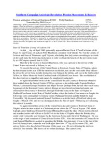 Southern Campaign American Revolution Pension Statements & Rosters Pension application of Samuel Hutchison R5442 Transcribed by Will Graves Polly Hutchison