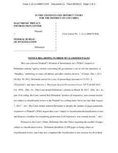 Case 1:12-cvCKK Document 21 FiledPage 1 of 2  IN THE UNITED STATES DISTRICT COURT FOR THE DISTRICT OF COLUMBIA ELECTRONIC PRIVACY INFORMATION CENTER