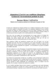 Adaptation à l’arrivée aux conditions climatiques Gestion de l’environnement pendant les Jeux Docteur Olivier CASTAGNA