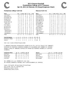 2013 Clemson Baseball Presbyterian College at #17 Clemson Apr 10, 2013 at Clemson, SC (Doug Kingsmore Stad.)