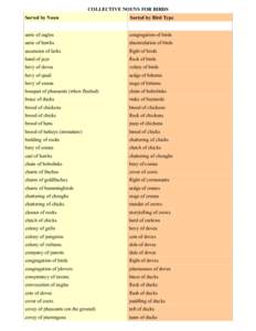 COLLECTIVE NOUNS FOR BIRDS Sorted by Noun Sorted by Bird Type  aerie of eagles