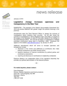 news release January 2, 2013 Legislative change increases