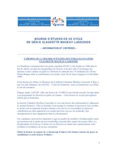 ________________________________________________________________________  BOURSE D’ÉTUDES DE 3E CYCLE EN GÉNIE CLAUDETTE MACKAY-LASSONDE – INFORMATION ET CRITÈRES – ______________________________________________