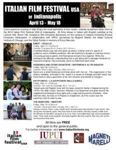 ITALIAN FILM FESTIVAL USA OF Indianapolis  April 13 - May 18