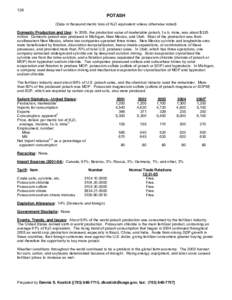 128  POTASH (Data in thousand metric tons of K2O equivalent unless otherwise noted) Domestic Production and Use: In 2005, the production value of marketable potash, f.o.b. mine, was about $325 million. Domestic potash wa