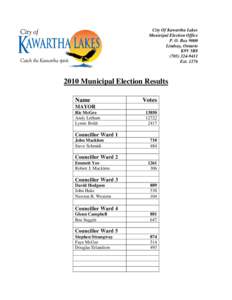 City Of Kawartha Lakes Municipal Election Office P. O. Box 9000 Lindsay, Ontario K9V 5R8[removed]