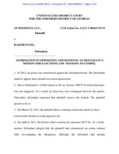 Case 2:12-cvWCO Document 78 FiledPage 1 of 9  UNITED STATES DISTRICT COURT FOR THE NORTHERN DISTRICT OF GEORGIA  AF HOLDINGS, LLC,