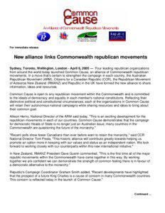 For immediate release:  New alliance links Commonwealth republican movements