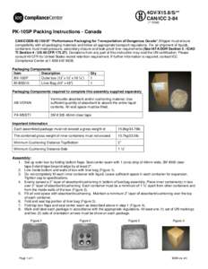 4GV/X15.8/S/** CAN/ICC 2-84 (** DOM) PK-10SP Packing Instructions - Canada CAN/CGSB “Performance Packaging for Transportation of Dangerous Goods”.Shipper must ensure