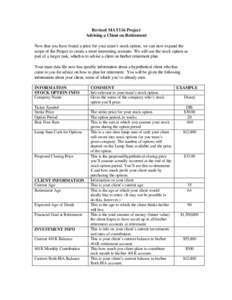 Revised MAT116 Project Advising a Client on Retirement Now that you have found a price for your team’s stock option, we can now expand the scope of the Project to create a more interesting scenario. We will use the sto