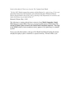 Letter to the editor of Waterways Journal, Re: Captain Grant Marsh “In July 1907, Marsh resigned his position with the Benton Co., and on Aug. 23, he went aboard his former boat, the Expansion, and confronted the pilot