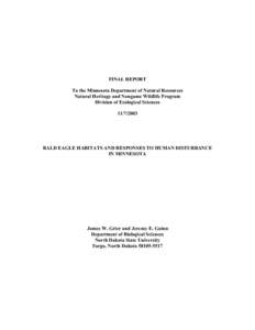 FINAL REPORT To the Minnesota Department of Natural Resources Natural Heritage and Nongame Wildlife Program Division of Ecological Sciences[removed]