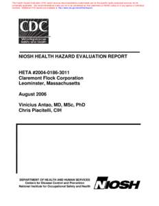 HHE Report No. HETA[removed], Claremont Flock Corporation Leominster, Massachusetts