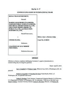 Slip Op[removed]UNITED STATES COURT OF INTERNATIONAL TRADE ROYAL THAI GOVERNMENT, Plaintiff, MARINE GOLD PRODUCTS LIMITED, PAKFOOD PUBLIC COMPANY LIMITED,