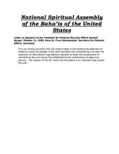 National Spiritual Assembly of the Baha’is of the United States Letter to Assistant to the President for National Security Affairs Samuel Berger, October 21, 1999, from Dr. Firuz Kademzadeh, Secretary for External Affa