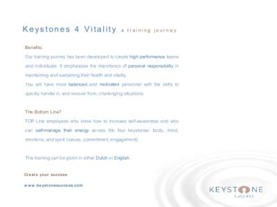 Keystones 4 Vitality  a training journey Benefits: Our training journey has been developed to create high performance teams