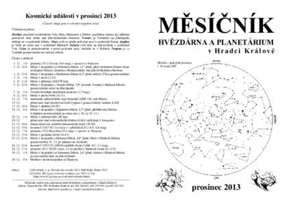 Kosmické události v prosinci 2013 (Časové údaje jsou ve středoevropském čase) Viditelnost planet: Merkur prochází souhvězdími Vah, Štíra, Hadonoše a Střelce, počátkem měsíce jej můžeme pozorovat rá